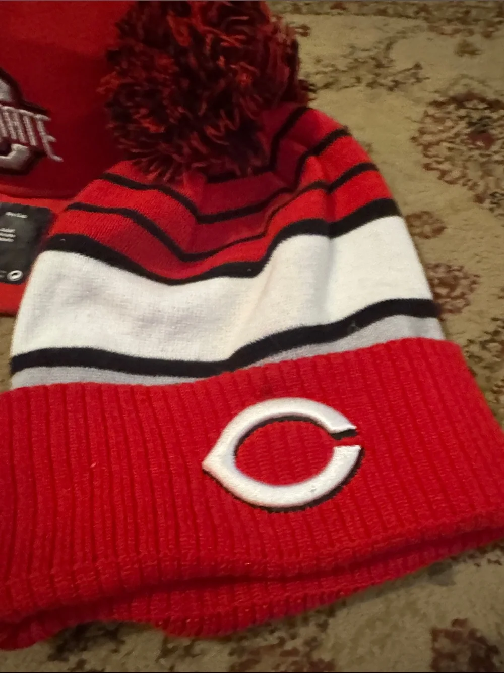 Ohio State Red Pom Baseball Cap and Red Striped Knit Beanie Hat Set